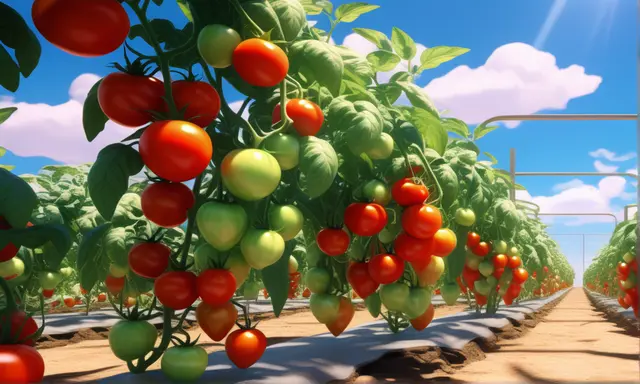 Ein Tomatenfeld mit reifen und unreifen Tomaten